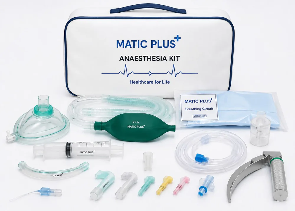 Anesthesia kit components including manual resuscitator, face masks, laryngoscope set, suction pump and oropharyngeal airways