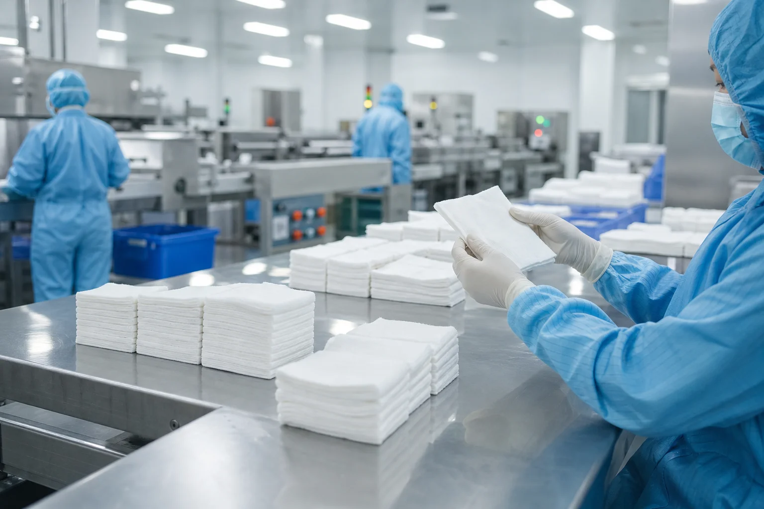 Celery Pharma gauze swab manufacturing and quality inspection in a controlled medical production environment