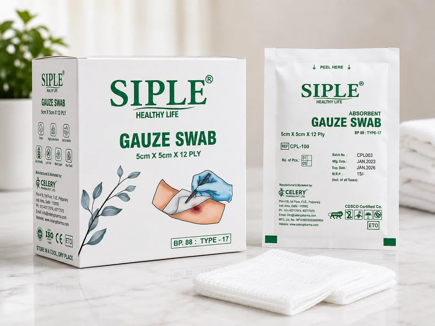 Celery Pharma gauze swab packaging and export cartons prepared for hospital and distributor supply