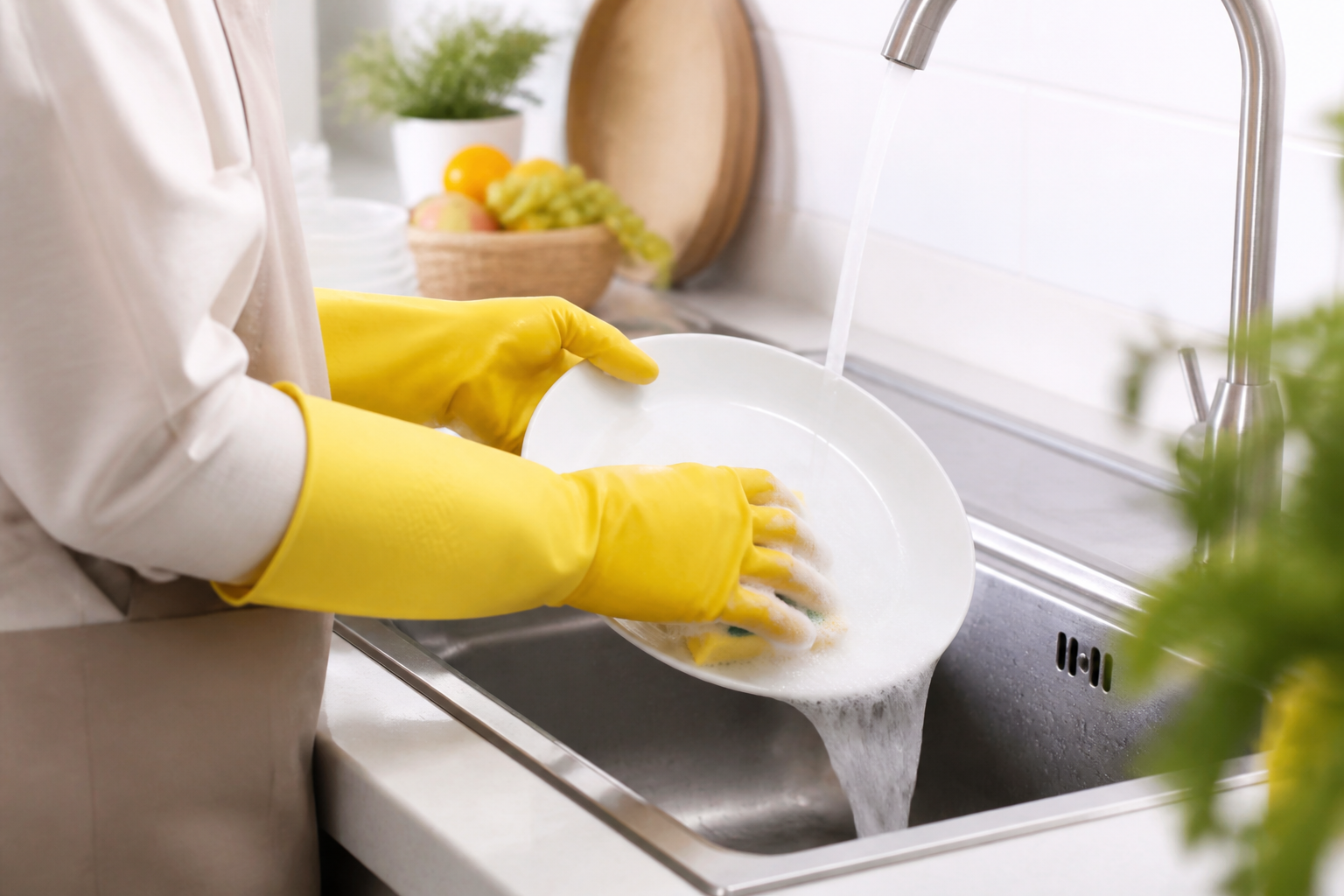 Yellow reusable household rubber gloves by Celery Pharma for cleaning and dishwashing