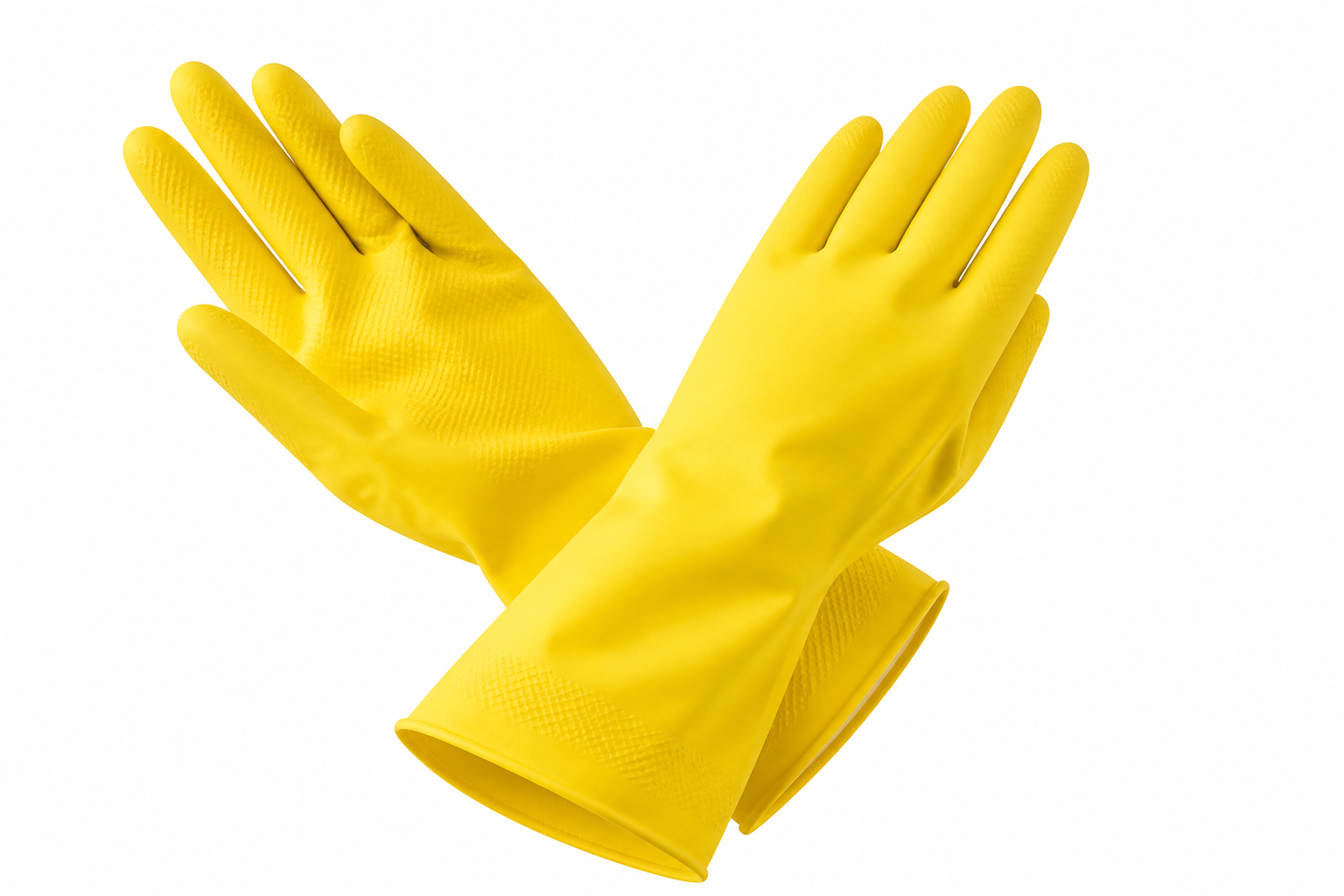 Hands wearing household gloves while washing dishes in a clean kitchen